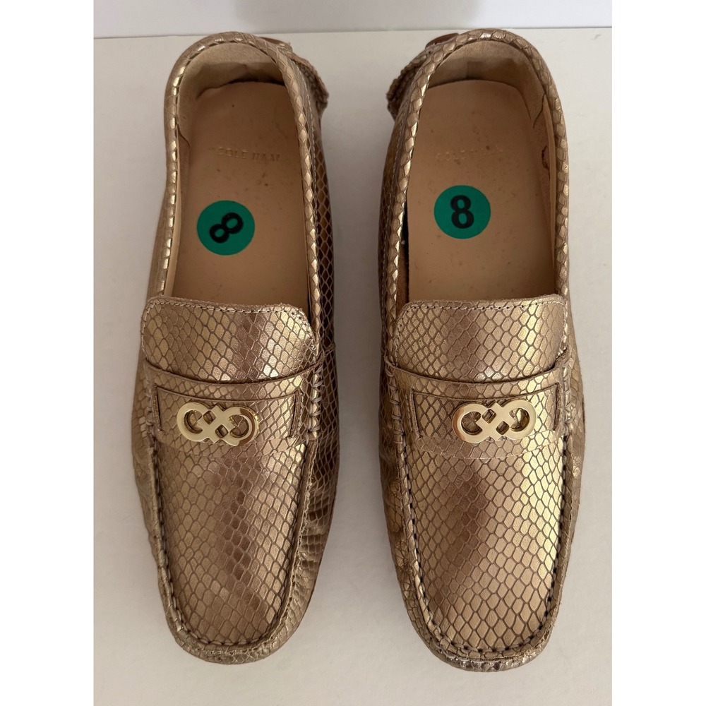 Cole Haan Womens Gold Snakeskin Embossed Leather Driving Loafers Goldtone Log 8B - Picture 3 of 10